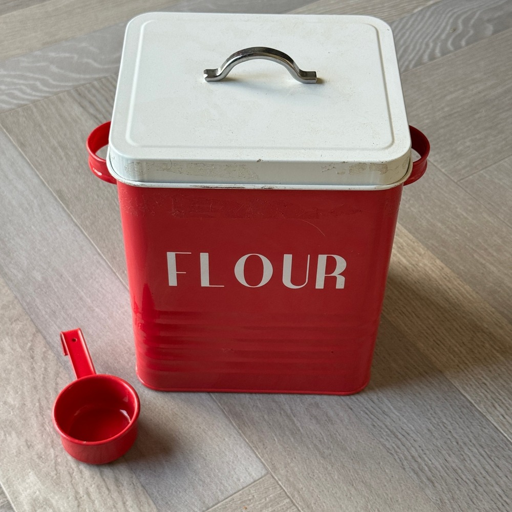 Vintage Style Red Metal Flour Canister Tin with Lid and Scoop Farmhouse Decor